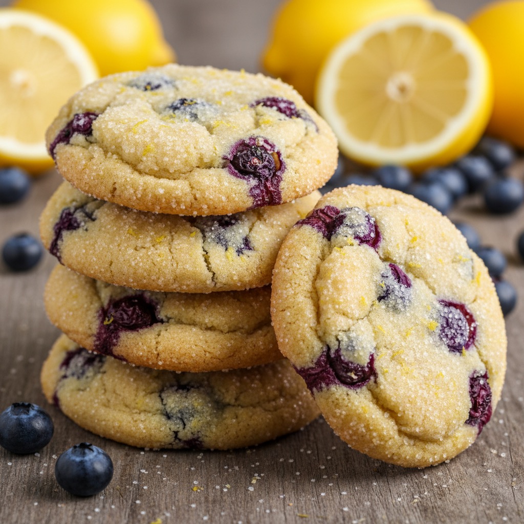A stack of lemon blueberry cookies with one cookie propped against the stack. The cookie facing the camera clearly has lemon zest finishing sugar on it. Background includes lemons and blueberries